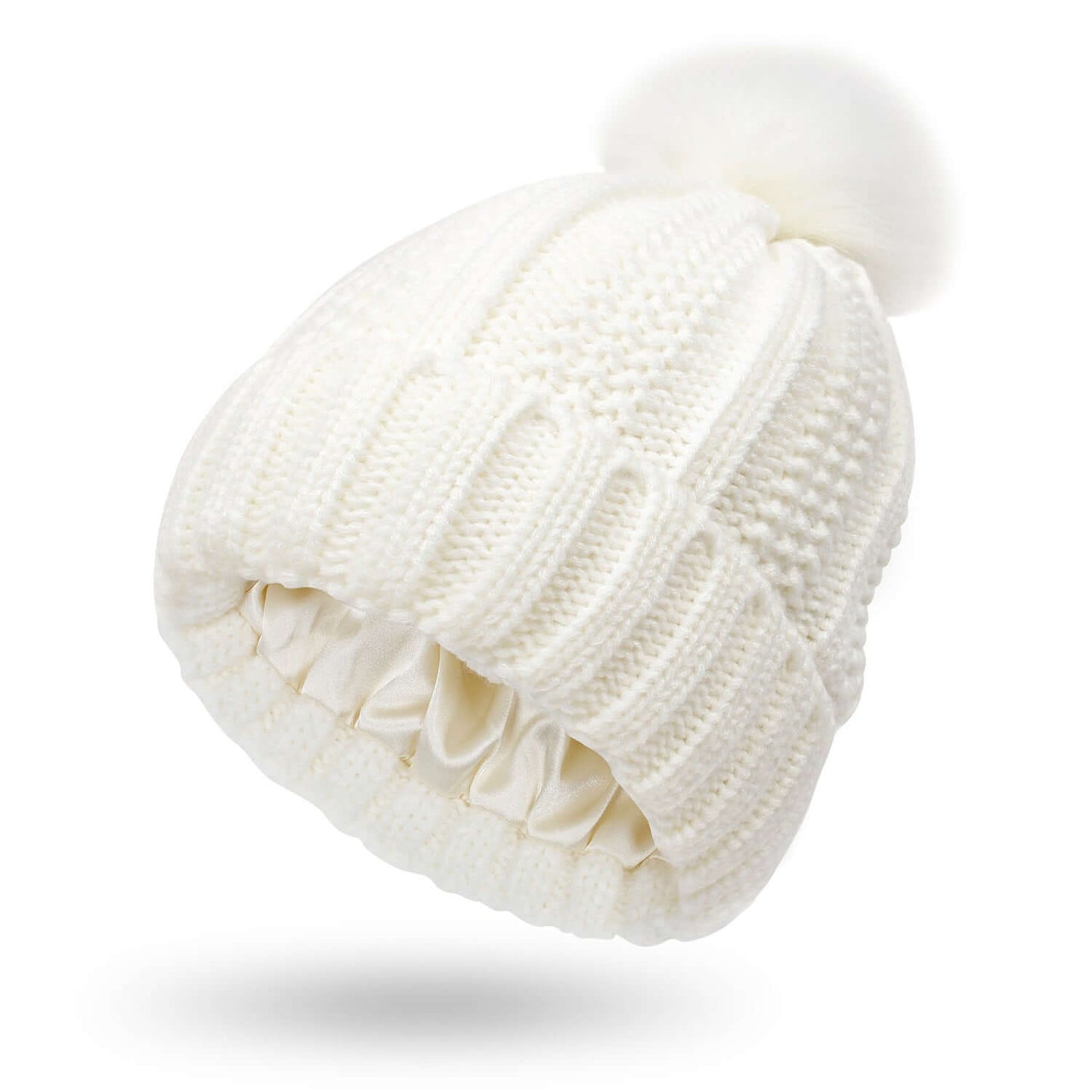 Stretchy Satin Lined Skull Knit Beanie Hat with Faux Fur Pom-Pom