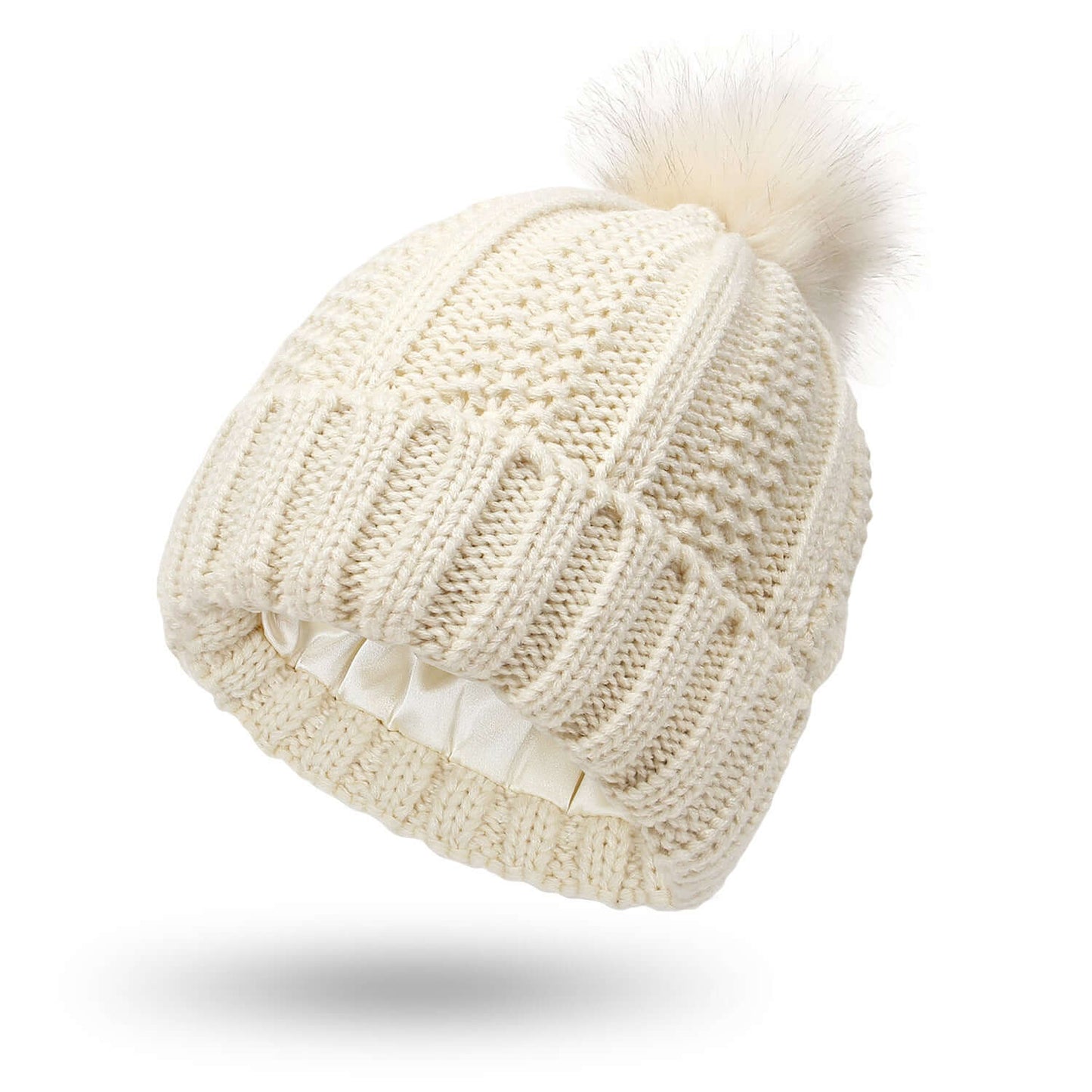 Stretchy Satin Lined Skull Knit Beanie Hat with Faux Fur Pom-Pom