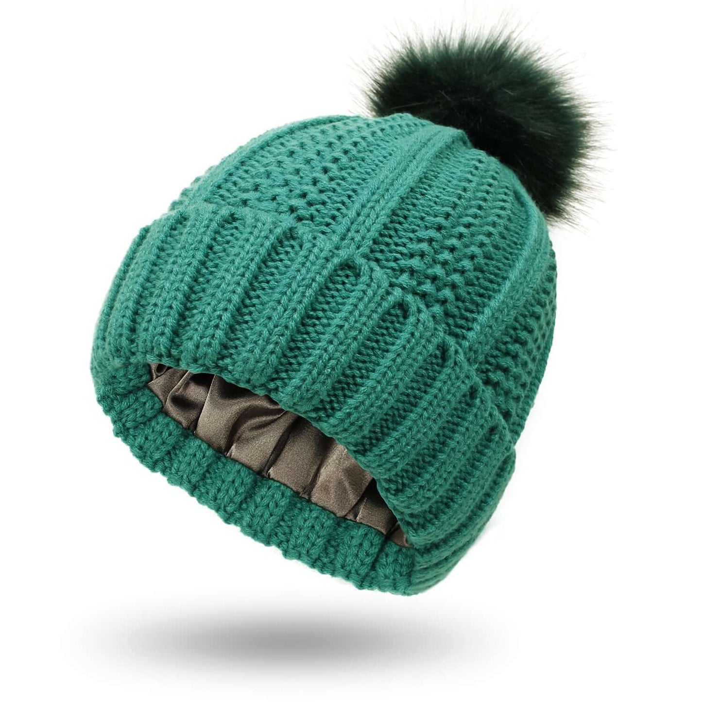 Stretchy Satin Lined Skull Knit Beanie Hat with Faux Fur Pom-Pom