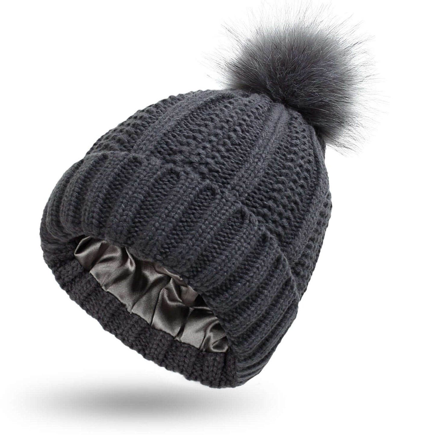 Stretchy Satin Lined Skull Knit Beanie Hat with Faux Fur Pom-Pom