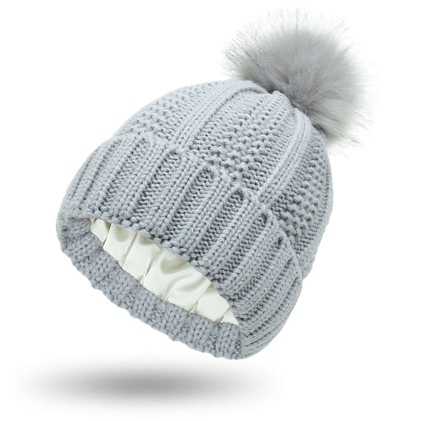 Stretchy Satin Lined Skull Knit Beanie Hat with Faux Fur Pom-Pom