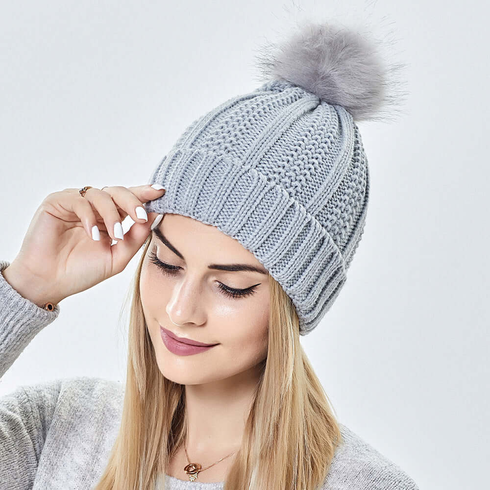 Stretchy Satin Lined Skull Knit Beanie Hat with Faux Fur Pom-Pom