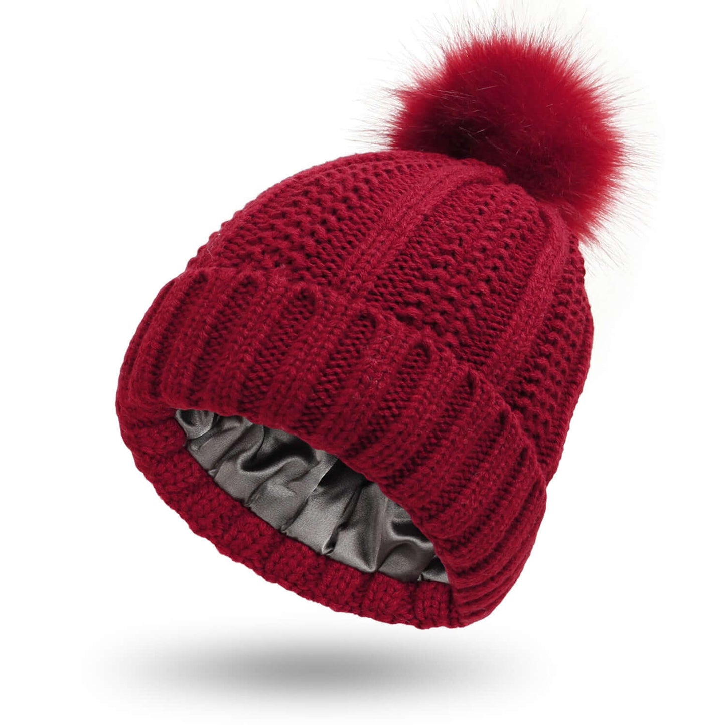 Stretchy Satin Lined Skull Knit Beanie Hat with Faux Fur Pom-Pom