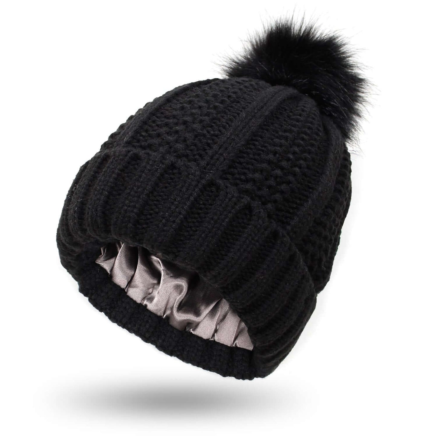 Stretchy Satin Lined Skull Knit Beanie Hat with Faux Fur Pom-Pom