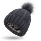 Stretchy Satin Lined Skull Knit Beanie Hat with Faux Fur Pom-Pom