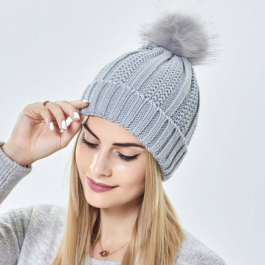 Stretchy Satin Lined Skull Knit Beanie Hat with Faux Fur Pom-Pom