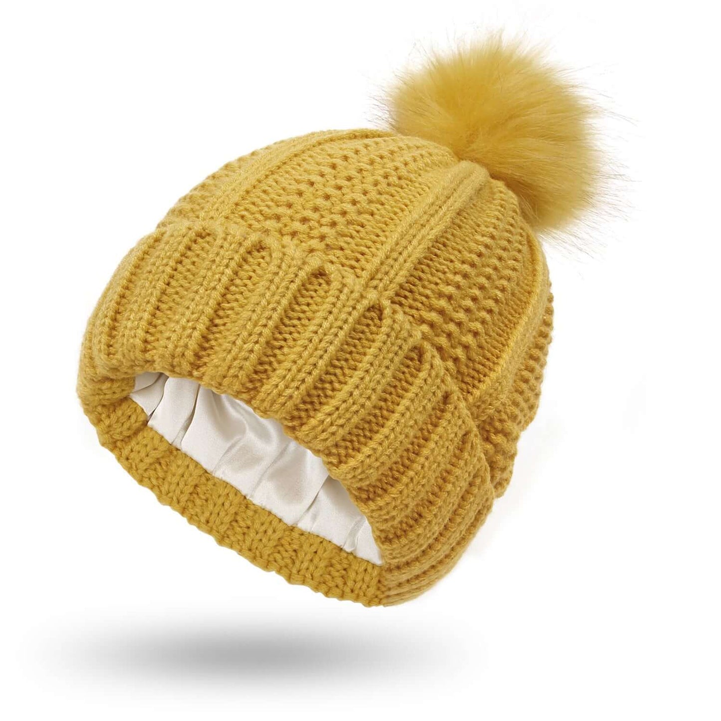 Stretchy Satin Lined Skull Knit Beanie Hat with Faux Fur Pom-Pom