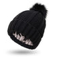 Stretchy Satin Lined Skull Knit Beanie Hat with Faux Fur Pom-Pom